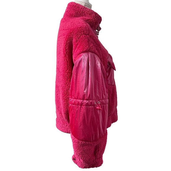 Forever 21 Womens Hot Pink Sherpa Jacket JuniorSize L With Faux Leather Sleeves - Picture 4 of 16